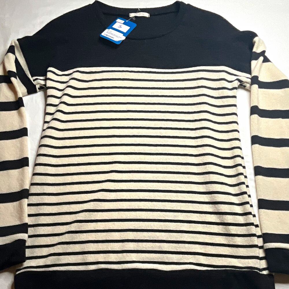 Mon Ami Black/White Striped Knit Crew Neck Long Sleeve Pullover Sweater S (178)